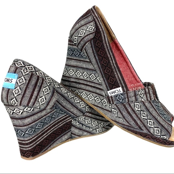 Toms Shoes - TOMS Calypso Tribal Aztec Boho Print Open Peep Toe Wedge Shoes Women's Size 7